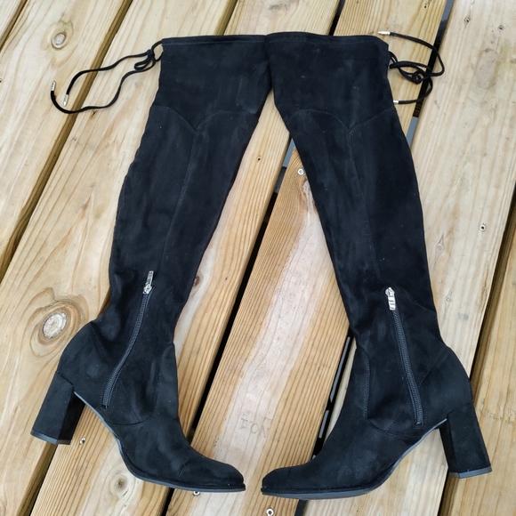 Marc Fisher Shoes - Black Marc Fisher Reda Suede Tie Back Zipper Over The Knee 3" Heeled Boots 8